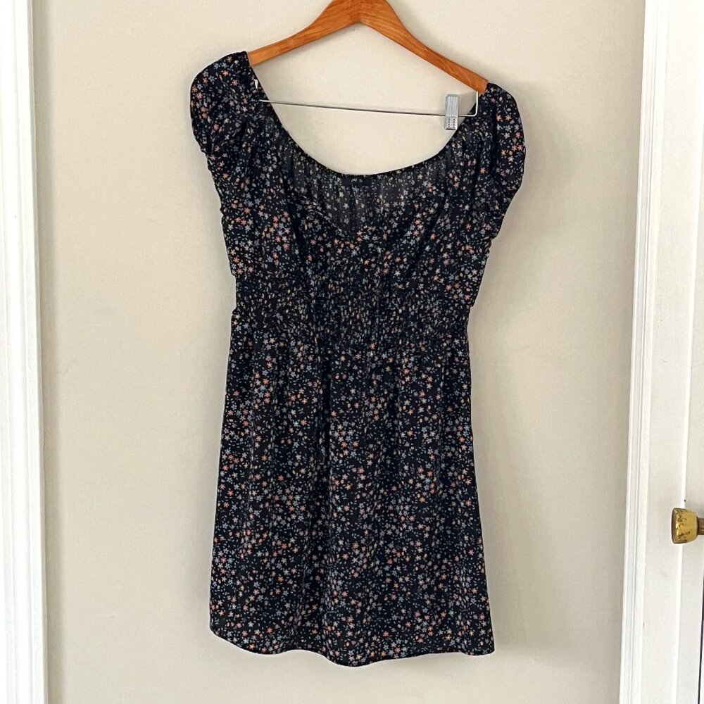 Black Floral Short Sleeve Smocked-Waist Dress